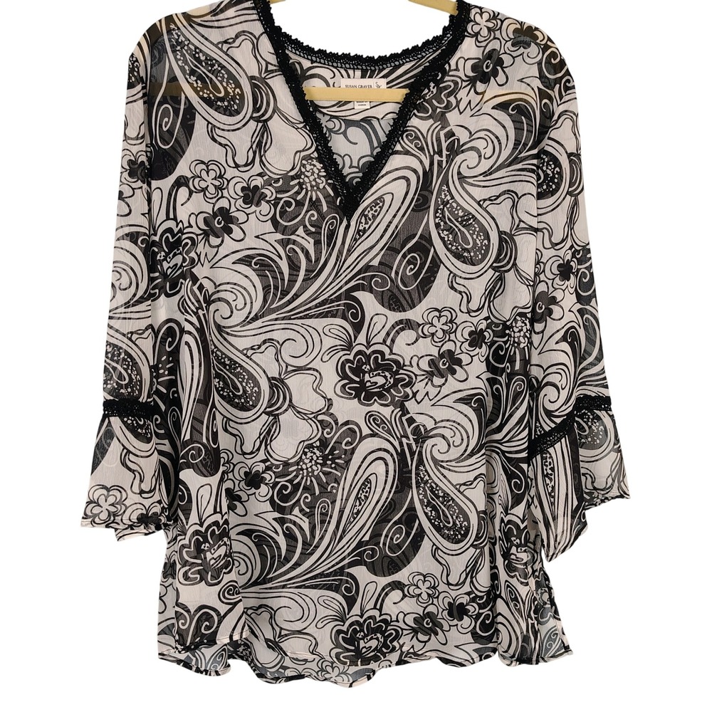 Susan Graver Womens 1X Paisley Bell Sleeve Blouse Black White Chiffon Whimsigoth